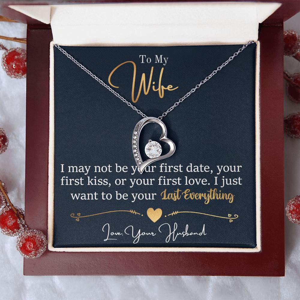 A heart-shaped cubic zirconia pendant necklace in a gift box with a loving message from ShineOn Fulfillment to his wife.