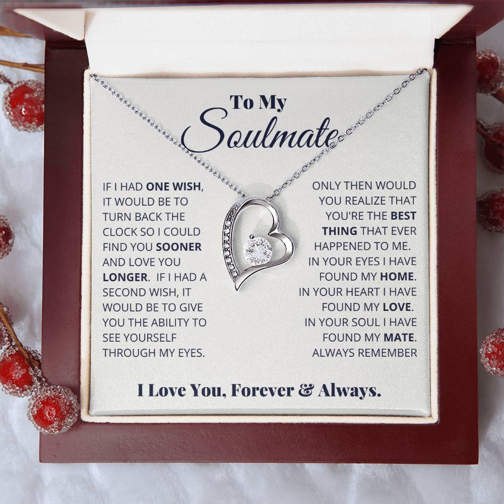 A To My Soulmate, I Love You, Forever & Always Necklace with heart pendants in a gift box featuring a love message for a soulmate from ShineOn Fulfillment.