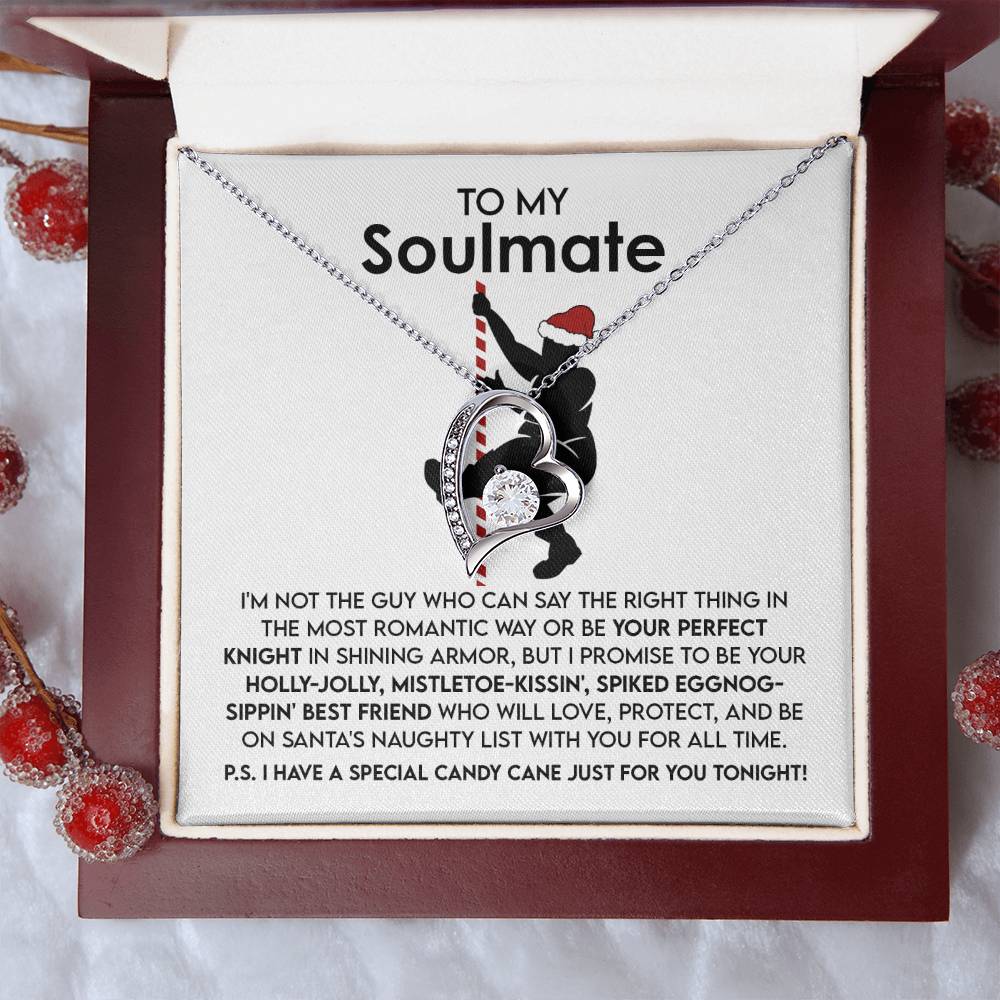 Open the gift box to reveal the Soulmate-For All Time - Forever Love Necklace, beautifully designed with a heart shape and adorned with CZ crystal and a white gold finish, alongside a heartfelt note conveying love and seasonal cheer.