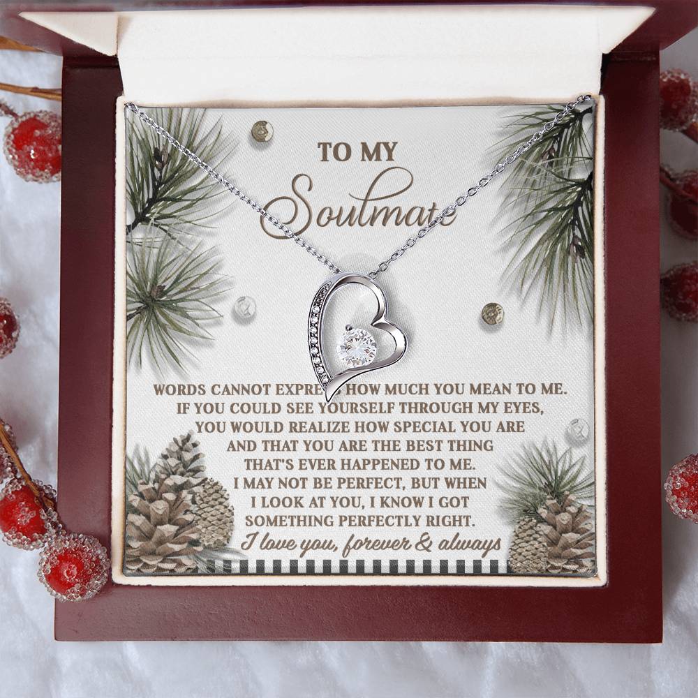 Open the box to reveal the Soulmate-Perfectly Right - Forever Love Necklace, featuring a heart-shaped pendant adorned with CZ crystal, accompanied by a heartfelt message for your soulmate in the background.