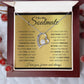 A heart-shaped ShineOn Fulfillment Forever Love Necklace pendant with the loving message "To My Soulmate, You're The Best Thing That Happened To Me" presented in an open gift box.