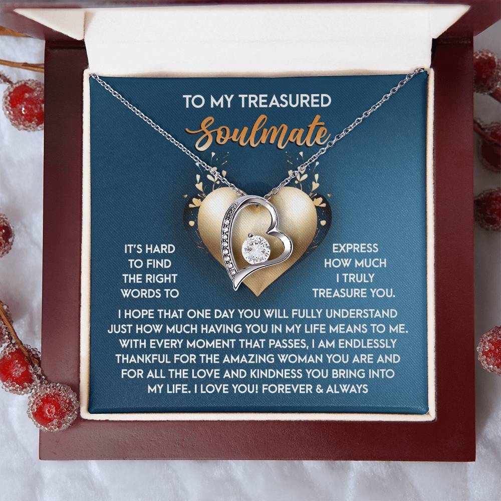 The exquisite Soulmate-In My Life - Forever Love Necklace, featuring a CZ crystal and white gold finish, is elegantly displayed on a blue card with a romantic message inside an open box.