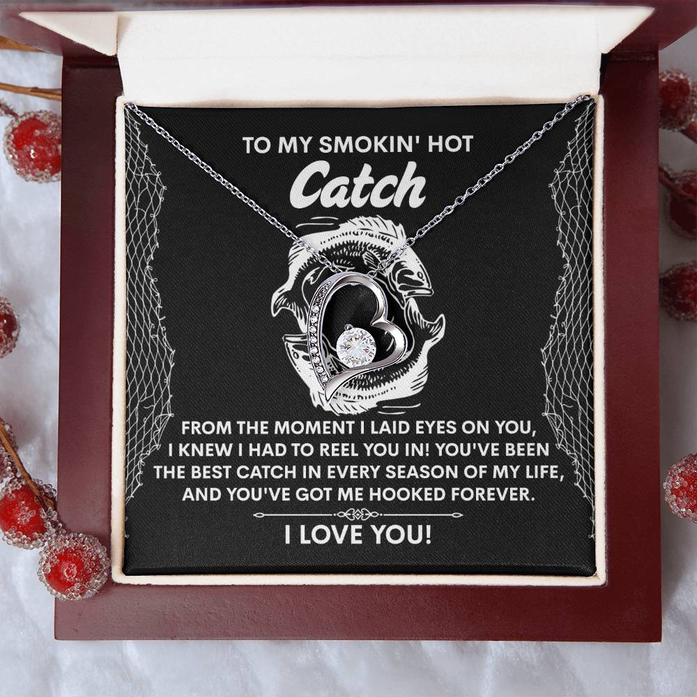 The Soulmate-Got Me Hooked - Forever Love Necklace includes a silver fish pendant with a CZ crystal, beautifully packaged in a gift box with romantic messages and enhanced by red decorative berries.