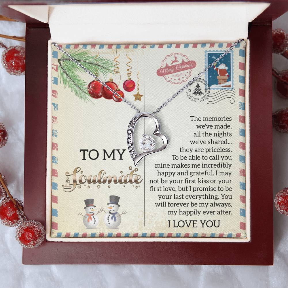 Soulmate-Last Everything - Forever Love Necklace: a heart-shaped pendant necklace, featuring dazzling CZ crystals and a luxurious white gold finish, packaged in a festive box with heartfelt text and charming Christmas-themed decorations.
