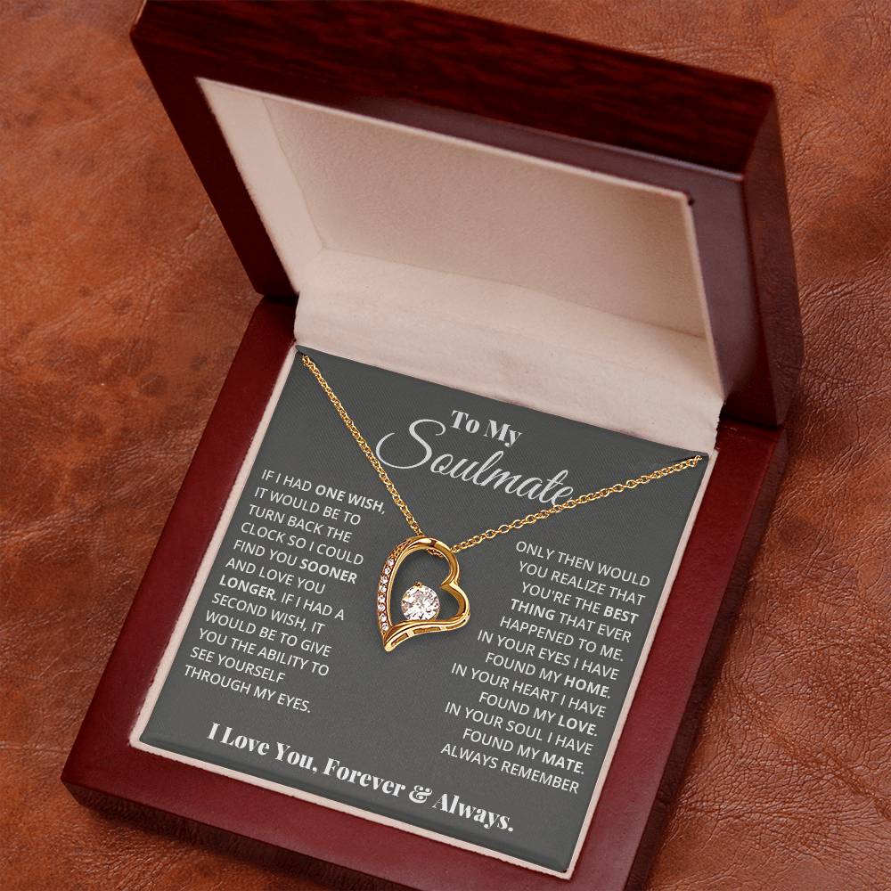 ShineOn Fulfillment's "To My Soulmate, In Your Heart I Found My Love - Forever Love Necklace" with a heart-shaped pendant featuring cubic zirconia, in a gift box with a romantic message.