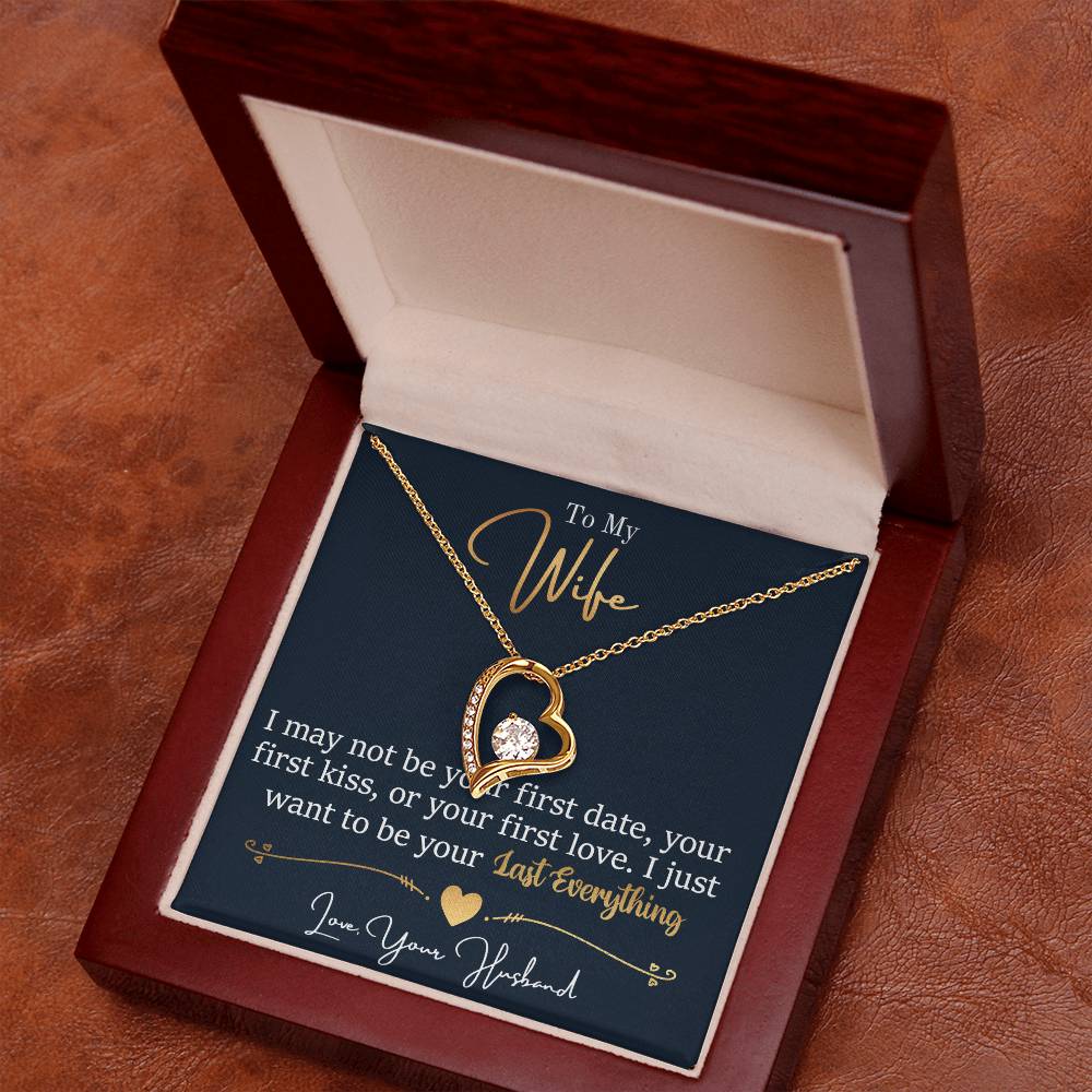 A To My Wife, I Want To Be Your Everything Necklace featuring a heart-shaped pendant with an inscribed love note and cubic zirconia accents, presented in a gift box by ShineOn Fulfillment.