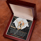 The "To Mom To Be, An Incredible Job - Forever Love Necklace" features a heart-shaped pendant in elegant white gold, presented in a wooden gift box. The box is adorned with hand illustrations and red heart graphics, accompanied by an inscription expressing gratitude to a mother. This personalized gift is perfect for an expecting mom who deserves to feel appreciated.
