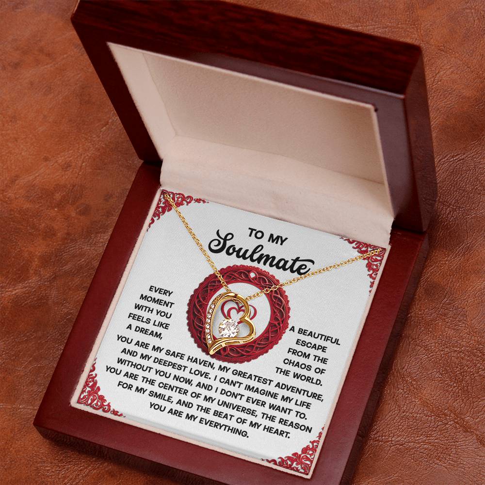 The Soulmate-Like A Dream - Forever Love Necklace has a heart-shaped pendant with a sparkling cubic zirconia stone, presented in a wooden box. Inside, an engraved message for your soulmate makes it the perfect symbol of enduring affection.
