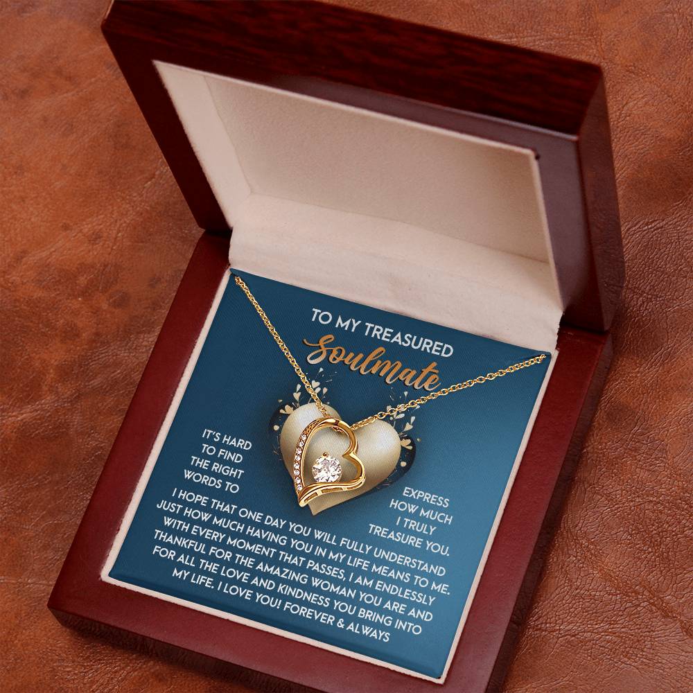 The Soulmate-In My Life - Forever Love Necklace displays a heart pendant with a sparkling central diamond in an open wooden box. With a white gold finish, it includes a heartfelt message for your soulmate inside.