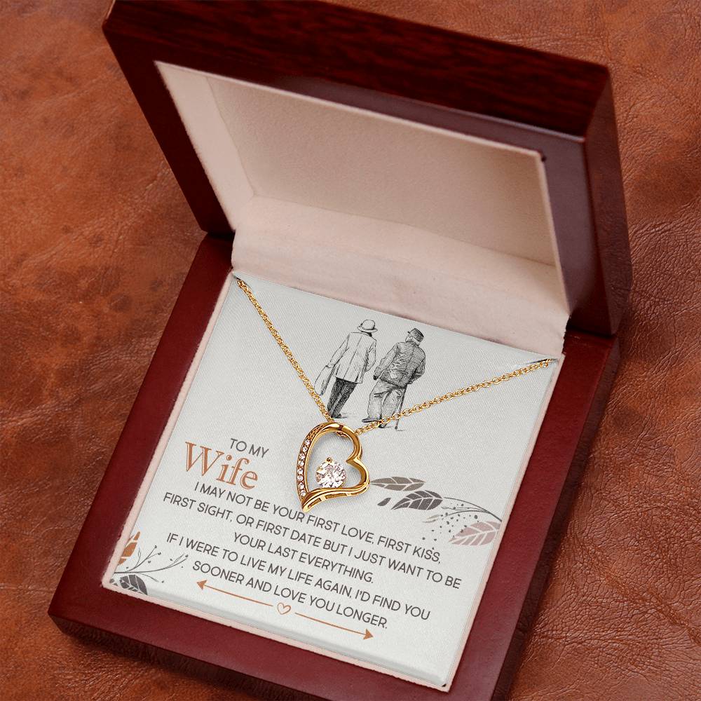 A To My Wife, I Just Want To Be Your Last Everything - Forever Love Necklace with a gold heart pendant in a gift box, featuring an engraved emotional message by ShineOn Fulfillment.