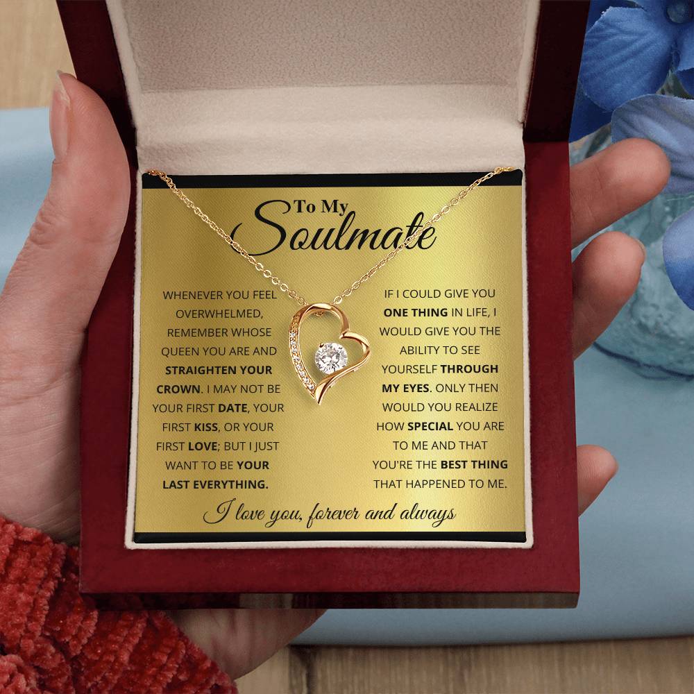 A person holding an open jewelry box with a heart-shaped To My Soulmate, You_re The BEst Thing That Happened To Me - Forever Love Necklace from ShineOn Fulfillment.