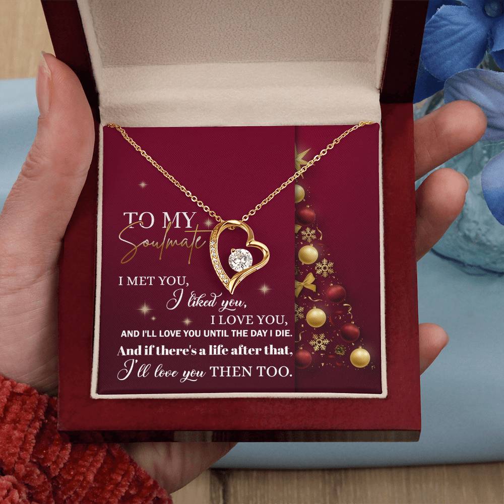 The Soulmate-Love You Then - Forever Love Necklace is a heart-shaped pendant with a cubic zirconia center, presented in a gift box, and features a romantic message about love and soulmates.