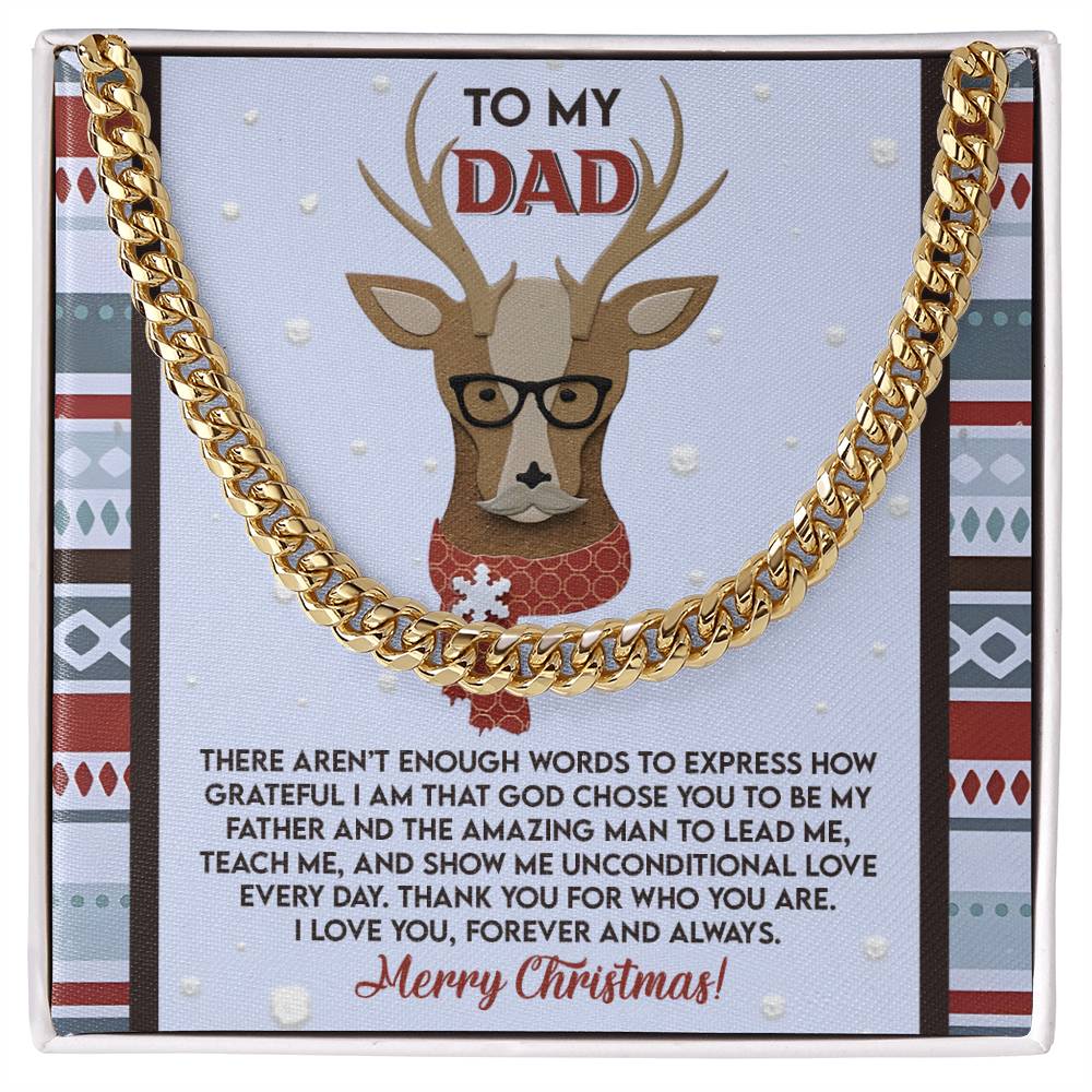 A heartwarming card titled "Dad-Be My Father - Cuban Link Chain," featuring a whimsical reindeer illustration with glasses and a scarf, and adorned with a stylish Cuban Link Chain—an ideal gift for any occasion.