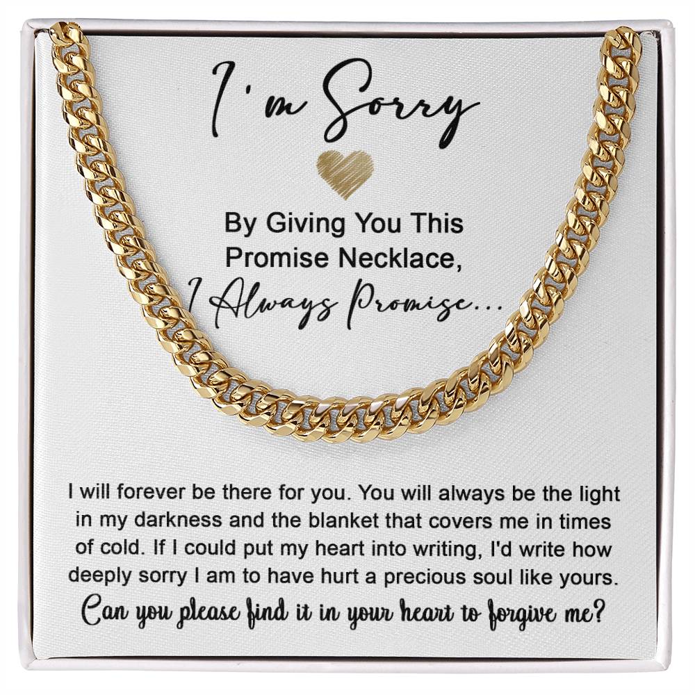 The Sorry-Be The Light- Cuban Link Chain is displayed above a heartfelt apology note expressing regret for causing hurt and asking for forgiveness.