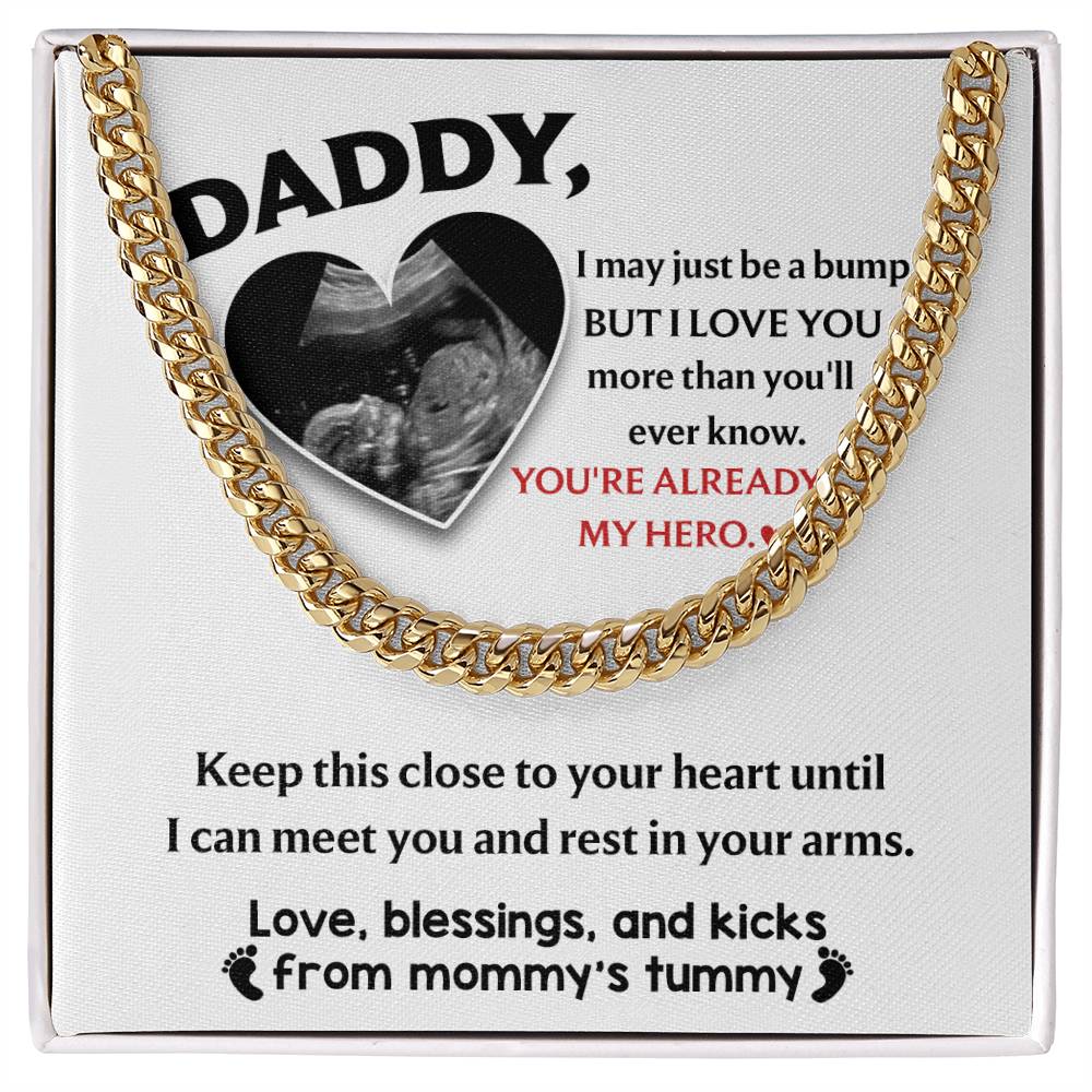 Pendant with a heart-shaped cutout containing an ultrasound image, surrounded by a To Dad, To Your Heart - Cuban Link Chain necklace and a message from an unborn child to their father.