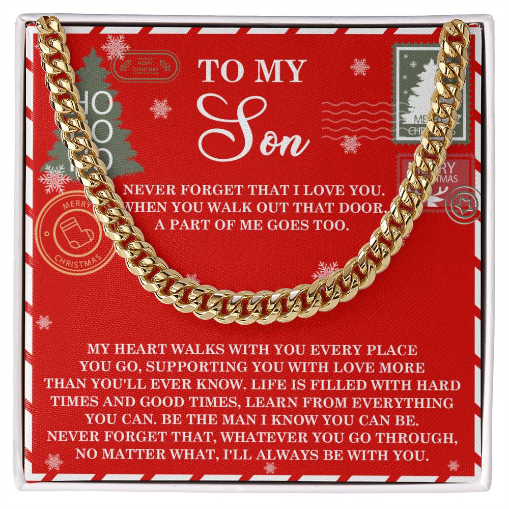 A "Son-That Door - Cuban Link Chain" comes in a red gift box, adorned with festive Christmas designs and featuring a heartfelt message expressing love and support for a son.