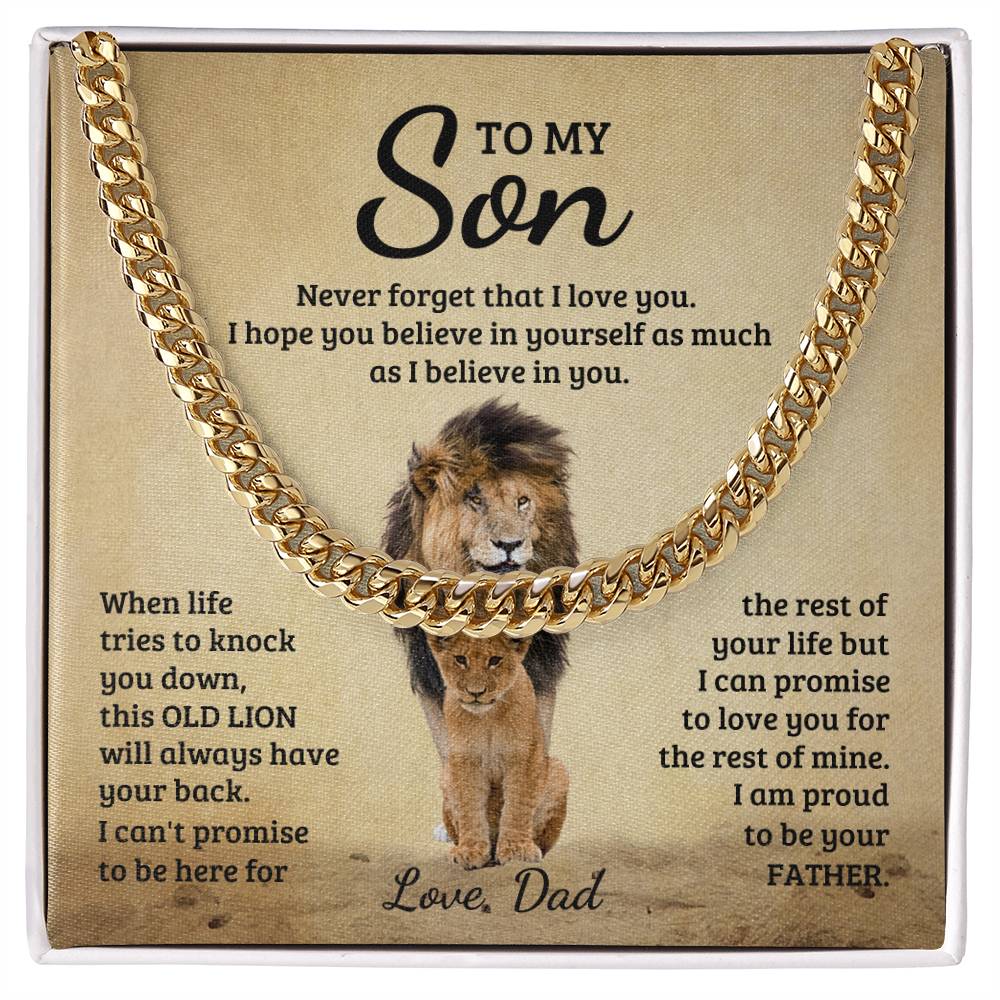 A To My Son, Never Forget That I Love You - Cuban Link Chain decorative canvas from ShineOn Fulfillment, featuring an image of a lion and a cub.