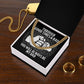 Graphic design on a square surface showing a clenched fist, surrounded by a To Dad, Be My Dad - Cuban Link Chain, with the text "through good times & bad, you will always be my dad.