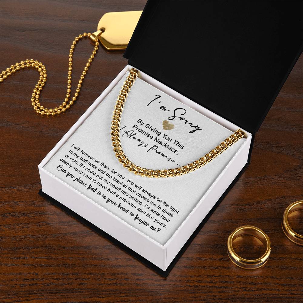 The Sorry-Be The Light- Cuban Link Chain is displayed above a heartfelt apology note expressing regret for causing hurt and asking for forgiveness.