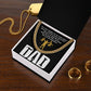 Black square item with a polished stainless steel chain. Text on top reads: "You have taught me so many great lessons, and the most important lesson I've learned is... when all else fails, call Dad! You are the greatest." Below, "DAD.
Product Name: To Dad, Call Dad - Cuban Link Chain