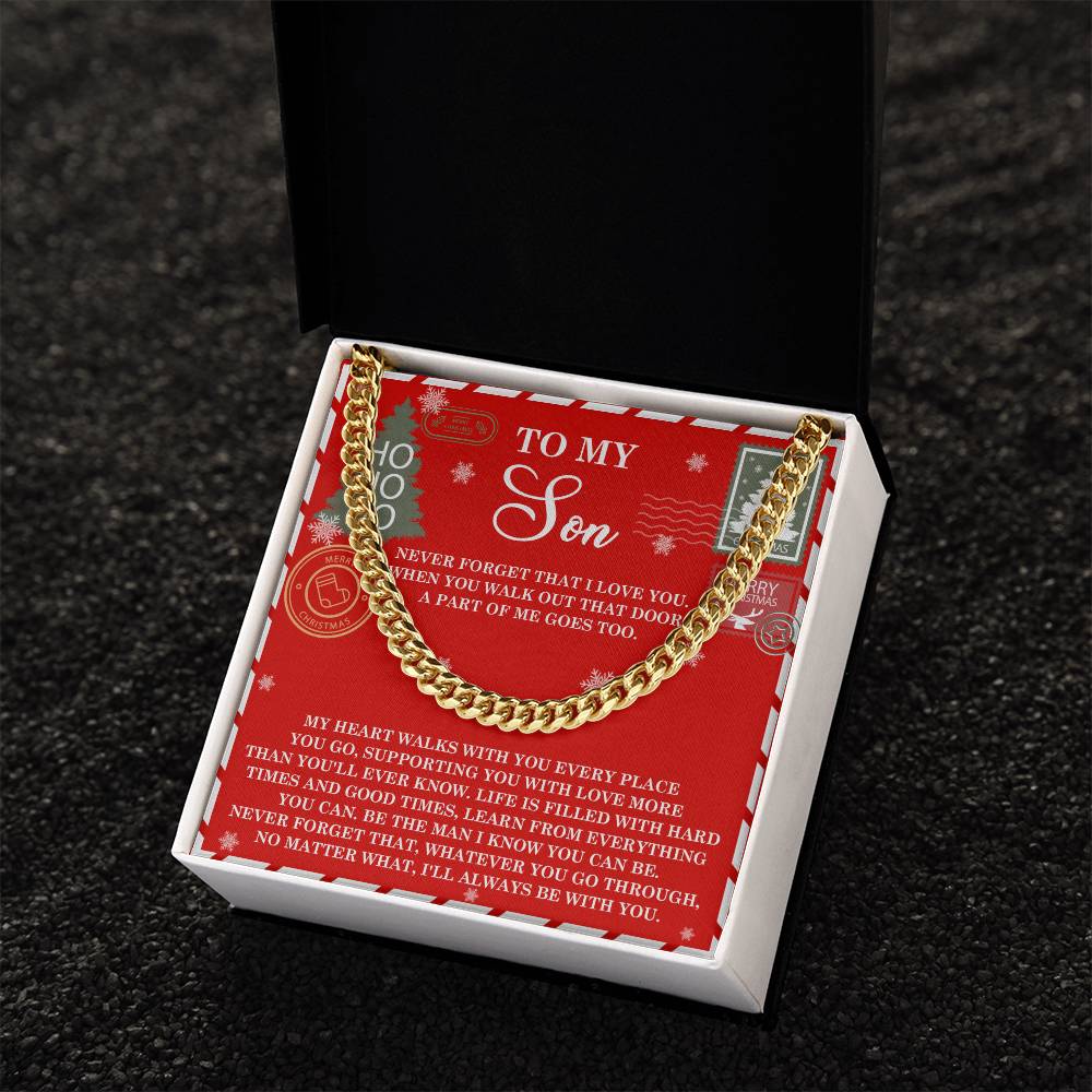 The Son-That Door - Cuban Link Chain is elegantly displayed on a red card inside an open box. The card features a heartfelt message titled "To My Son," making it the perfect personalized necklace and gift for your son.