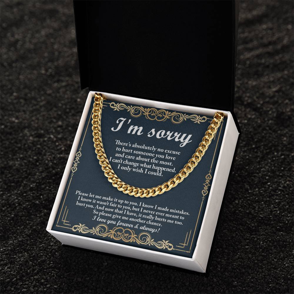 The "Sorry, Wish I Could - Cuban Link Chain" features a heartfelt decorative card with the message: "I'm sorry. There's absolutely no excuse to hurt someone you love and care about the most. I can't change what happened. I only wish I could. Please give me another chance.