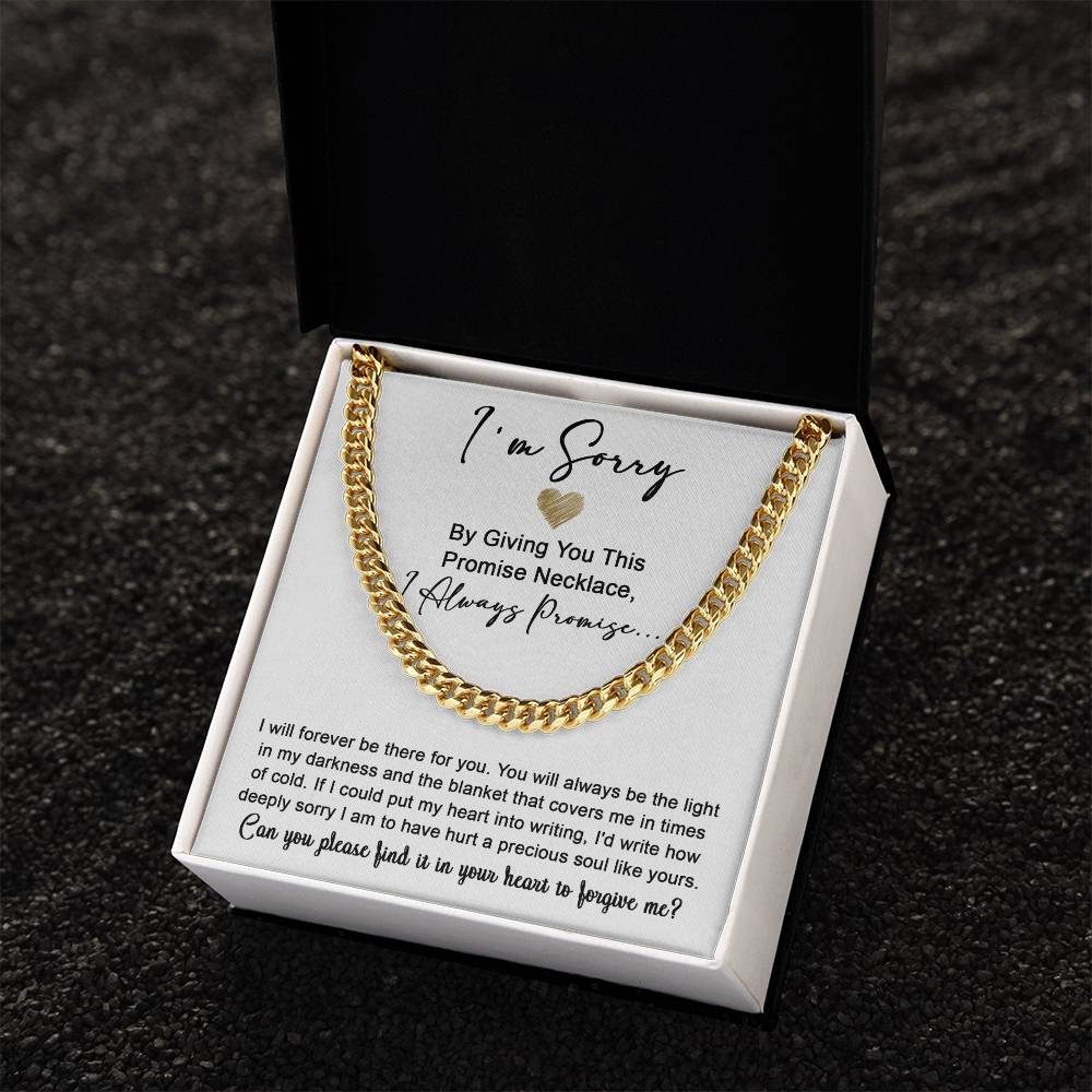 The Sorry-Be The Light- Cuban Link Chain is displayed above a heartfelt apology note expressing regret for causing hurt and asking for forgiveness.