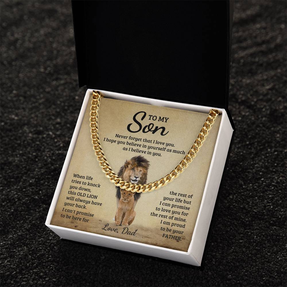 A ShineOn Fulfillment To My Son, Never Forget That I Love You - Cuban Link Chain necklace in a gift box with an inspirational message from a father to a son.