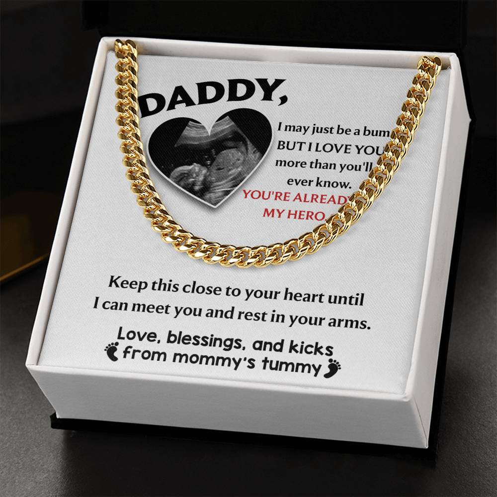 Pendant with a heart-shaped cutout containing an ultrasound image, surrounded by a To Dad, To Your Heart - Cuban Link Chain necklace and a message from an unborn child to their father.