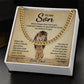 To My Son, Never Forget That I Love You - Cuban Link Chain necklace by ShineOn Fulfillment on a display card with an inspirational message from a father to a son featuring a lion image.