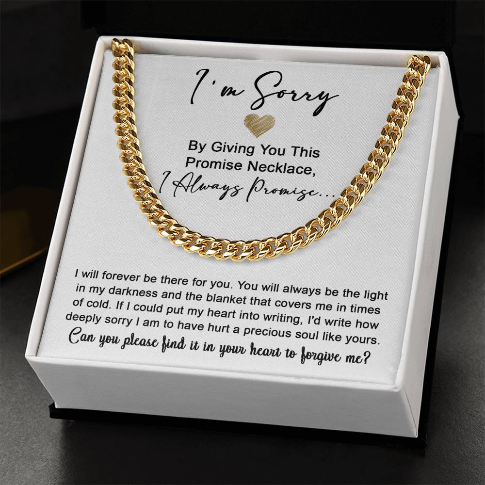 The Sorry-Be The Light- Cuban Link Chain is displayed above a heartfelt apology note expressing regret for causing hurt and asking for forgiveness.