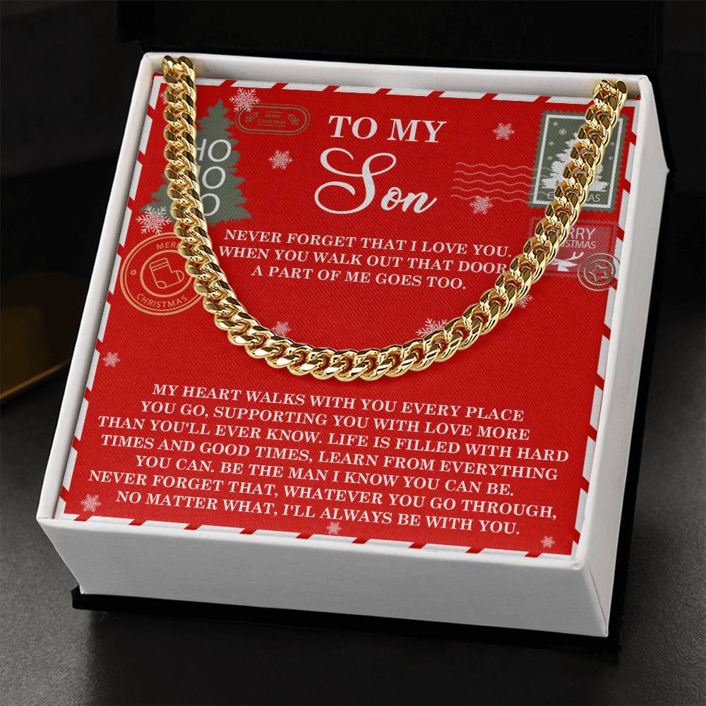 The Son-That Door Cuban Link Chain elegantly rests on a decorative red box, accompanied by a heartfelt message to a son in white text—an ideal personalized necklace and perfect gift for your son.