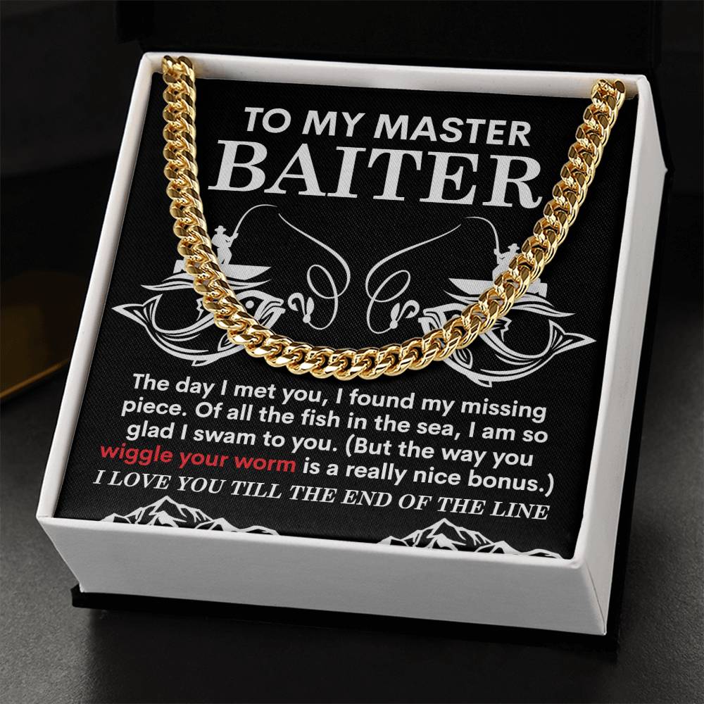 The "My Man-In The Sea - Cuban Link Chain" features a polished 14K yellow gold necklace, presented on a black card with humorous fishing-themed text, all packaged in a box.