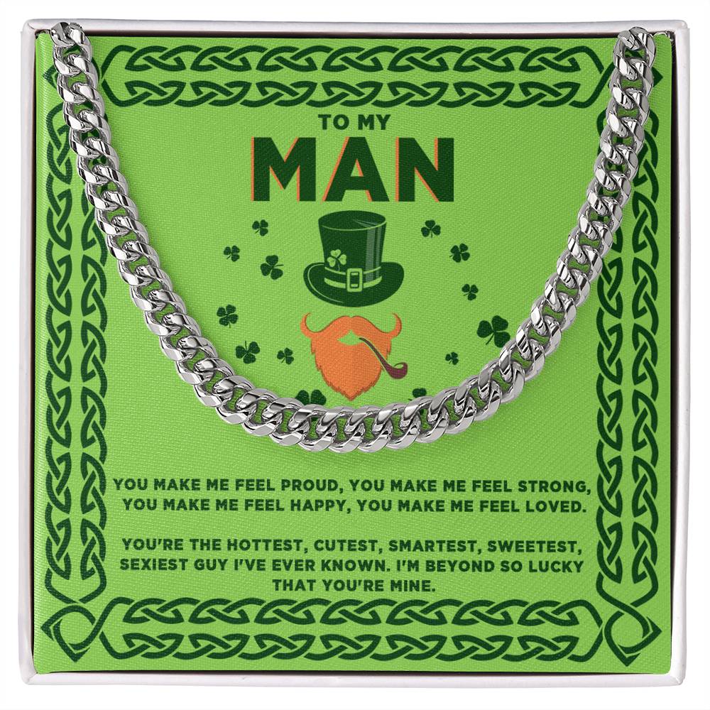 A St. Patrick's day ShineOn Fulfillment Cuban link chain necklace with a shamrock on it, perfect as a gift.