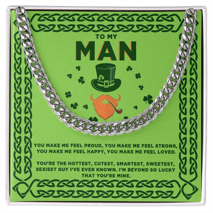 A St. Patrick's day ShineOn Fulfillment Cuban link chain necklace with a shamrock on it, perfect as a gift.