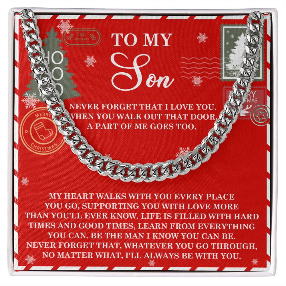 Introducing the "Son-That Door - Cuban Link Chain," a charming gift bag in red with a chain handle that displays a heartfelt message about love, support, and life lessons for a son. The bag is adorned with holiday-themed graphics and comes with an adjustable Cuban Link Chain necklace crafted in 14K yellow gold for an extra-special touch.