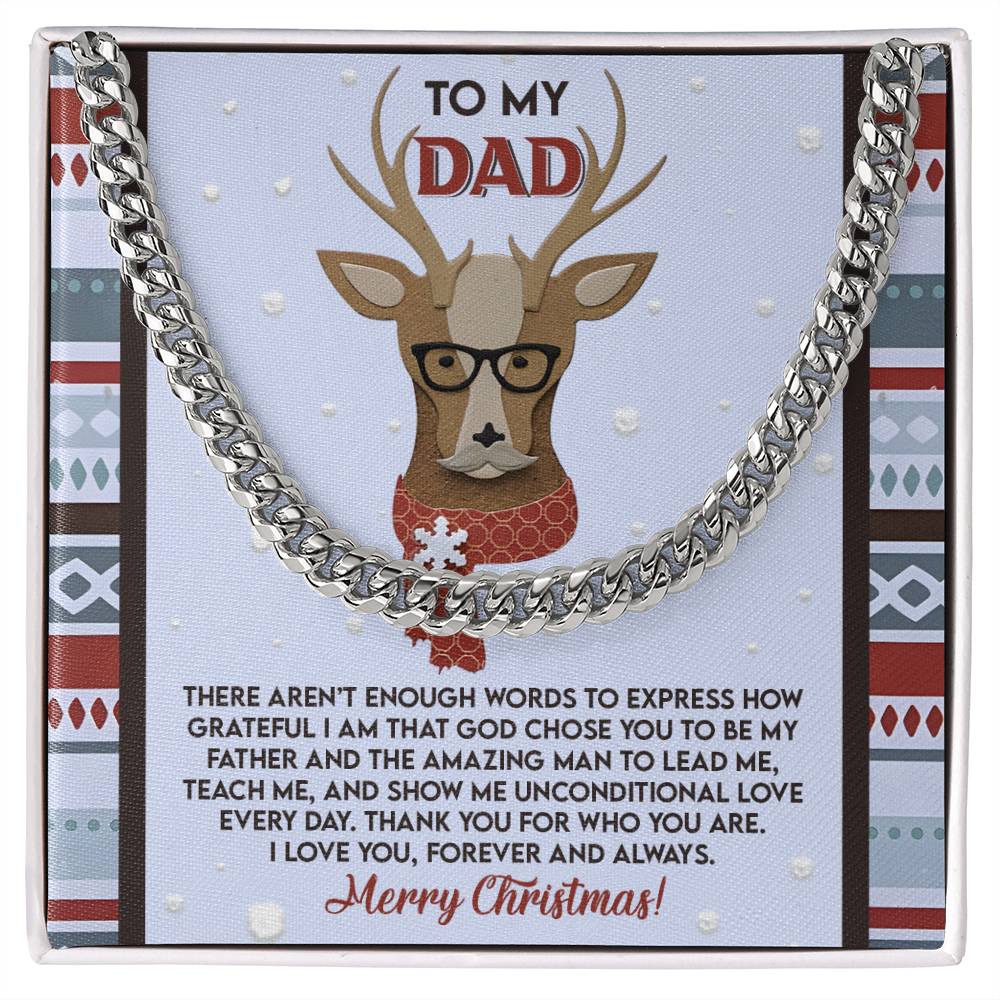 A Christmas card features a reindeer adorned with glasses, a red scarf, and the striking "Dad-Be My Father - Cuban Link Chain." Inside, you'll discover a heartfelt message dedicated to fathers everywhere.