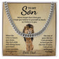 A sentimental message from a father to his son printed on a canvas, accompanied by an illustration of a lion and a cub, with a ShineOn Fulfillment To My Son, Never Forget That I Love You - Cuban Link Chain laid on top.