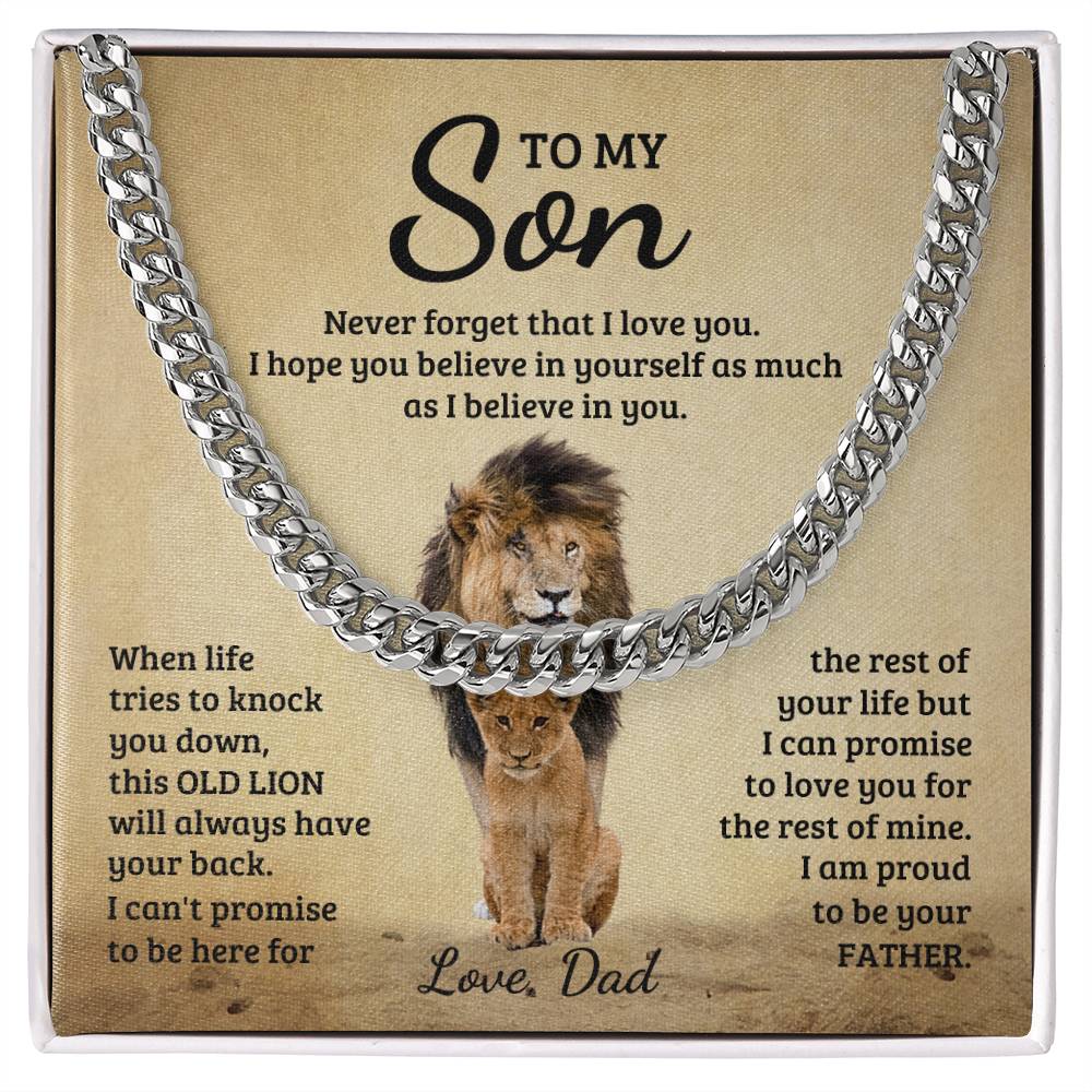 A sentimental message from a father to his son printed on a canvas, accompanied by an illustration of a lion and a cub, with a ShineOn Fulfillment To My Son, Never Forget That I Love You - Cuban Link Chain laid on top.