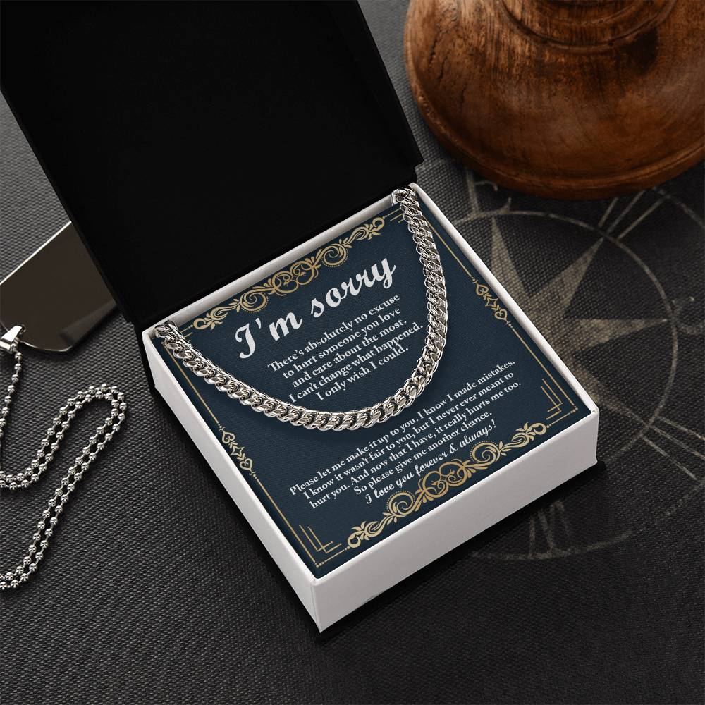 The "Sorry, Wish I Could - Cuban Link Chain" features a heartfelt decorative card with the message: "I'm sorry. There's absolutely no excuse to hurt someone you love and care about the most. I can't change what happened. I only wish I could. Please give me another chance.