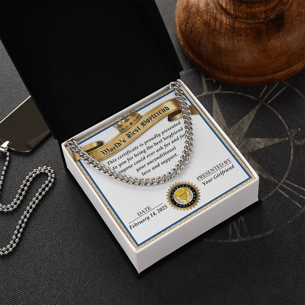 The Boyfriend-Love And Support - Cuban Link Chain, crafted in polished stainless steel, lies in a black box alongside a certificate titled "World's Best Boyfriend," dated February 14, 2023, and presented by "Your Girlfriend.