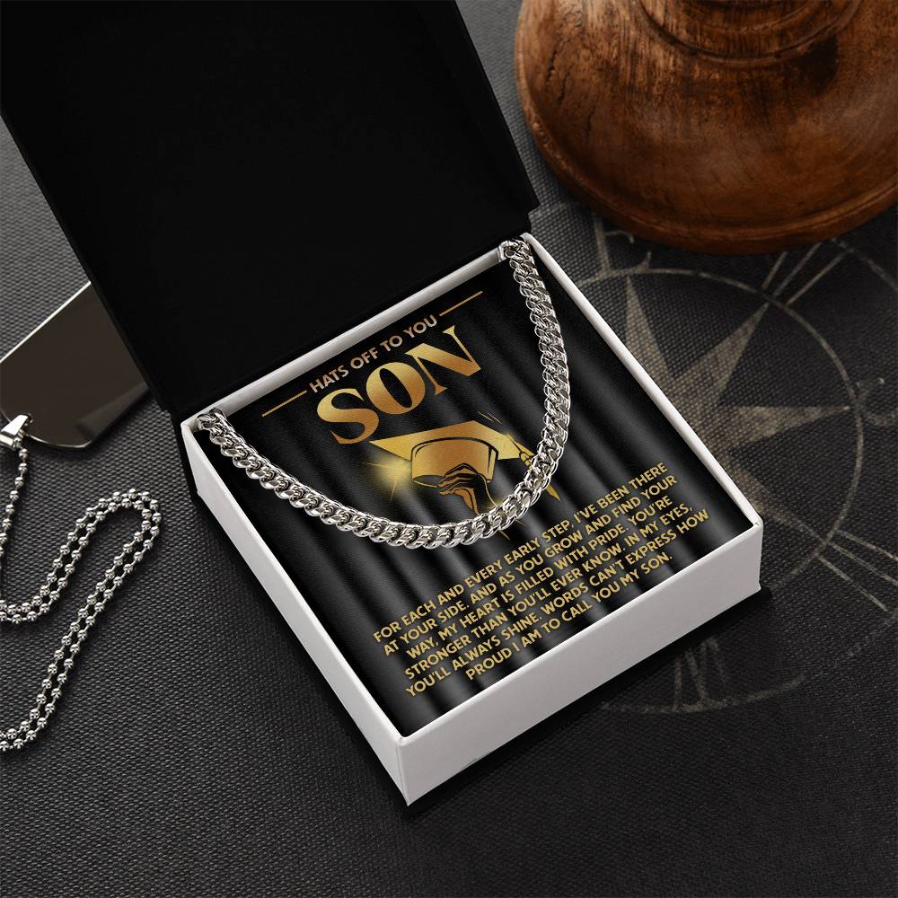 To Son, You'll Always Shine - Cuban Link Chain with a graphic of a graduation cap and text celebrating a son's achievements and expressing parental pride.