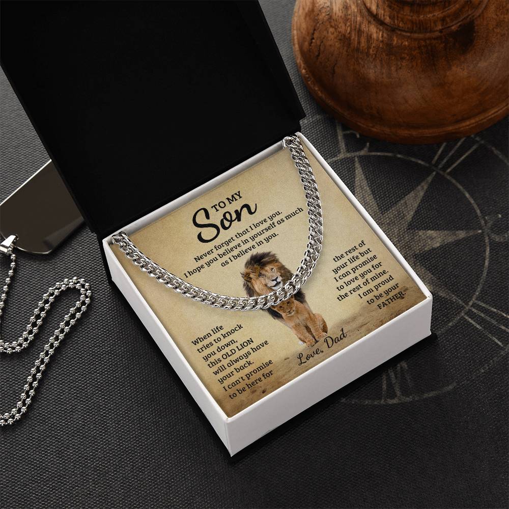 To My Son, Never Forget That I Love You - Cuban Link Chain necklace from ShineOn Fulfillment, presented in a gift box with a sentimental message from a father to a son on a card featuring a lion image.