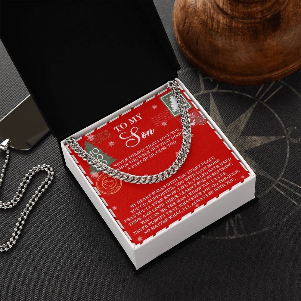 A personalized Son-That Door - Cuban Link Chain, nestled in an open box, comes with a red card featuring the heartfelt message titled "To My Son.