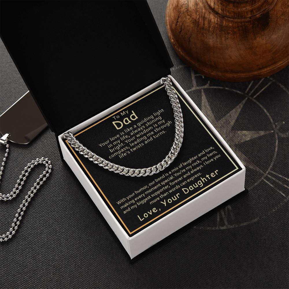 Silver chain necklace with a Dad - Guiding Light - Cuban Link Chain pendant in a gift box containing a message from a daughter to her dad by ShineOn Fulfillment.