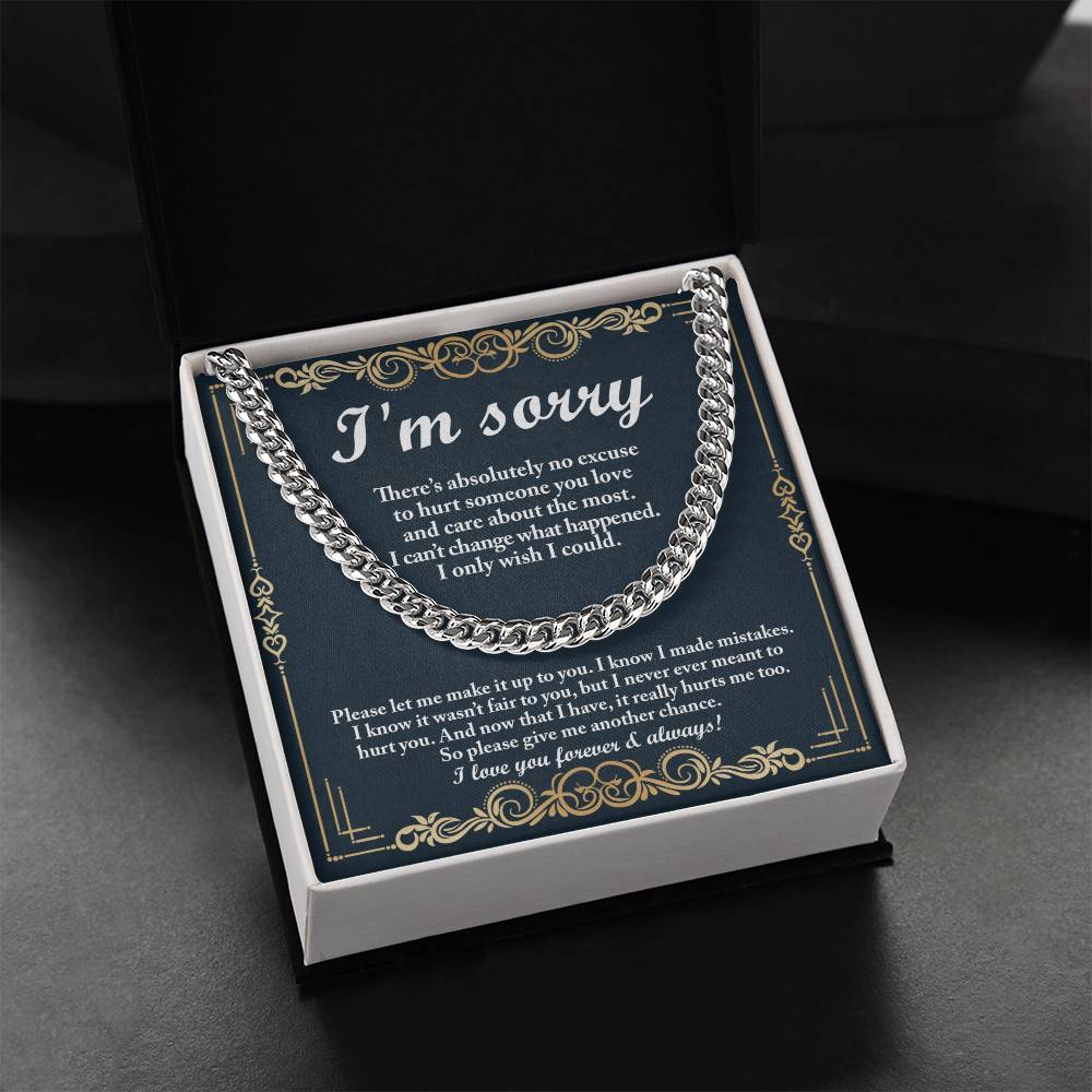 The "Sorry, Wish I Could - Cuban Link Chain" features a heartfelt decorative card with the message: "I'm sorry. There's absolutely no excuse to hurt someone you love and care about the most. I can't change what happened. I only wish I could. Please give me another chance.