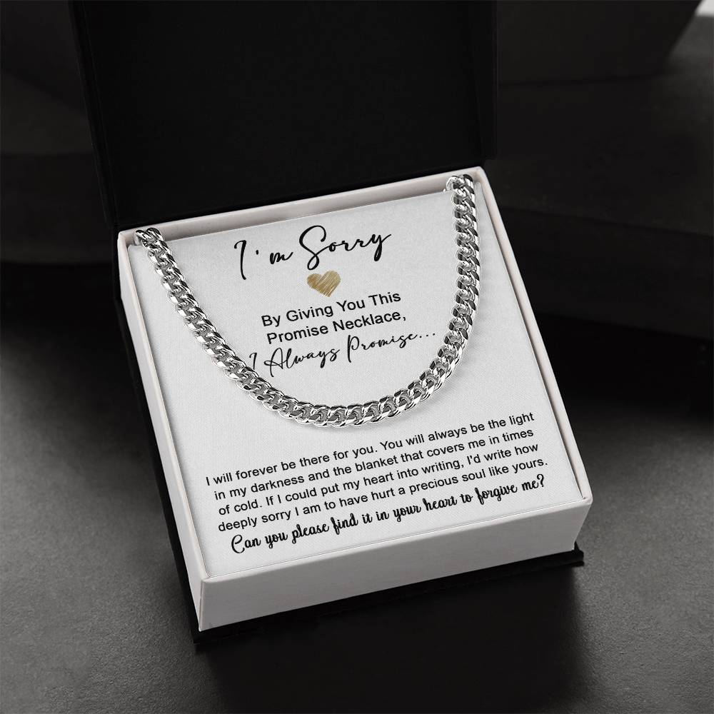 The Sorry-Be The Light- Cuban Link Chain is displayed above a heartfelt apology note expressing regret for causing hurt and asking for forgiveness.