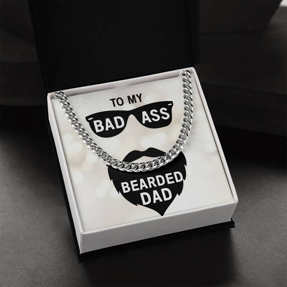 A silver chain necklace presented in a box with a message for Dad, featuring a ShineOn Fulfillment badass bearded dad - Cuban Link Chain made of 14K yellow gold.