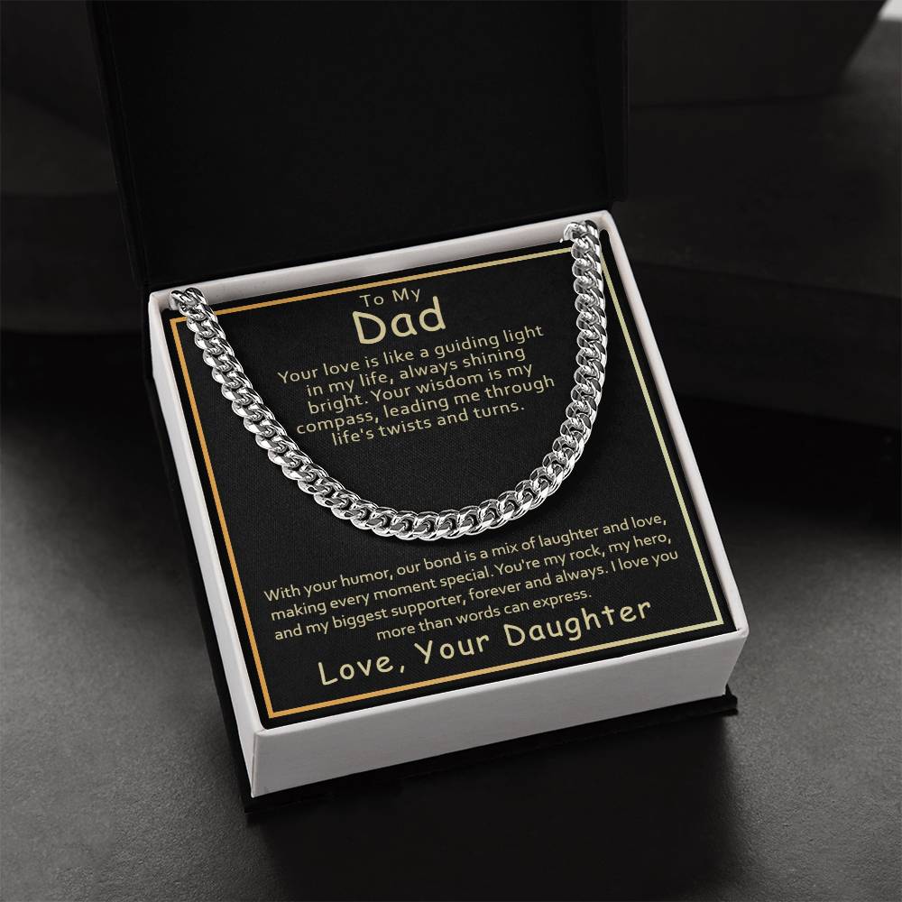 Sentence with replaced product name and brand name: A ShineOn Fulfillment stainless steel Dad - Guiding Light - Cuban link chain necklace presented in a gift box with a heartfelt message from a daughter to her father.