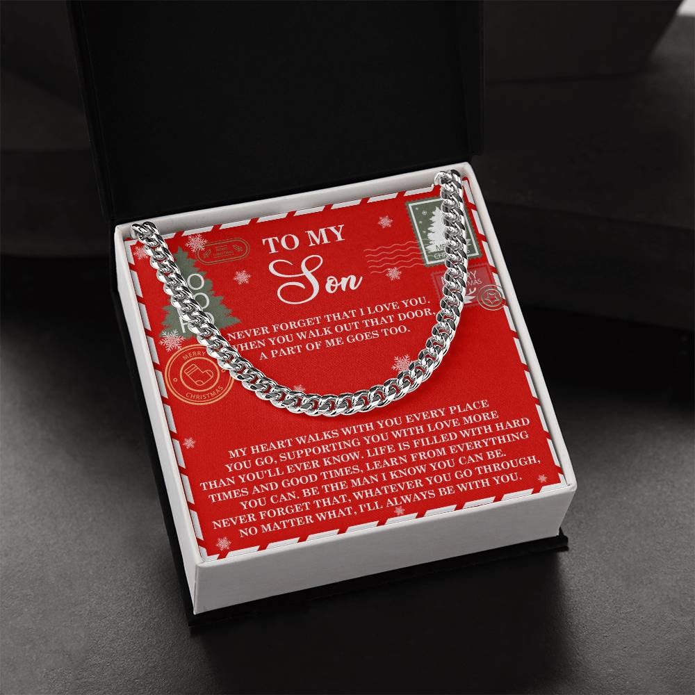 A Son-That Door - Cuban Link Chain, elegantly placed in a black box, is paired with a card titled "To My Son" that bears an inspirational message.